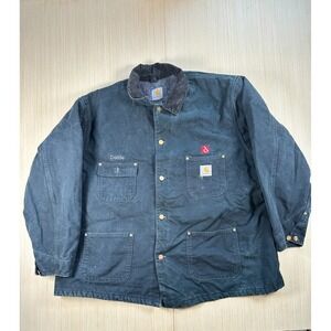 Carhartt Work Jacket Men's Blue Cotton Embroidered Fleece Lined Button Front